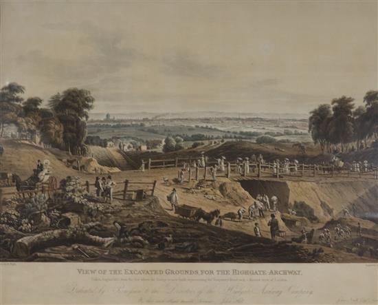 Hill after Pugin, coloured aquatint, View of the excavated grounds for the Highgate Archway, 45 x 56cm